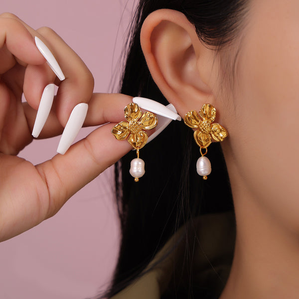 Temperament elegant freshwater pearl pendant earrings women's niche texture flower design temperament stud earrings