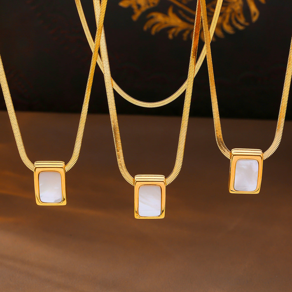 Retro temperament elegant personality blade chain jewelry geometric inlay white shell design pendant titanium steel necklace