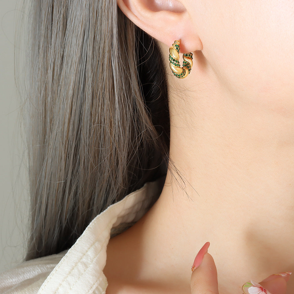 Stylish and simple U-shaped titanium steel gold-plated zircon twist earrings do not fade light luxury temperament ear jewelry