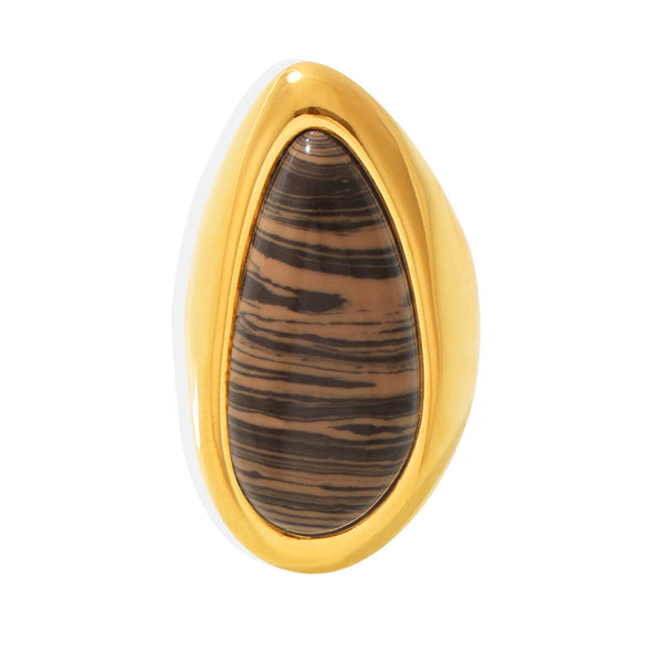 Natural wood grain stone water drop ring plated with 18K real gold Maillard autumn and winter light luxury ring ring decoration is in stock.