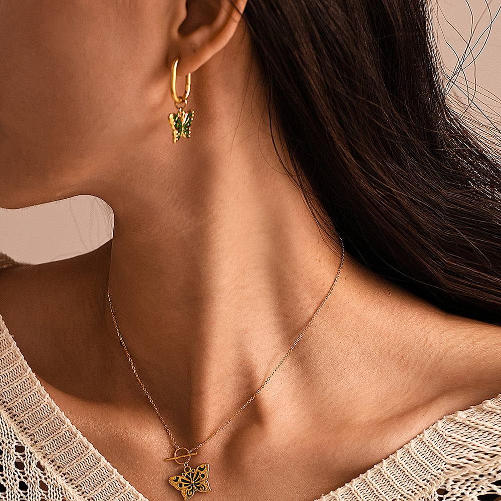 Weights Glazed Butterfly Pendant Earrings Necklace Earrings Stainless Steel Gold Plated Insect Set Spot