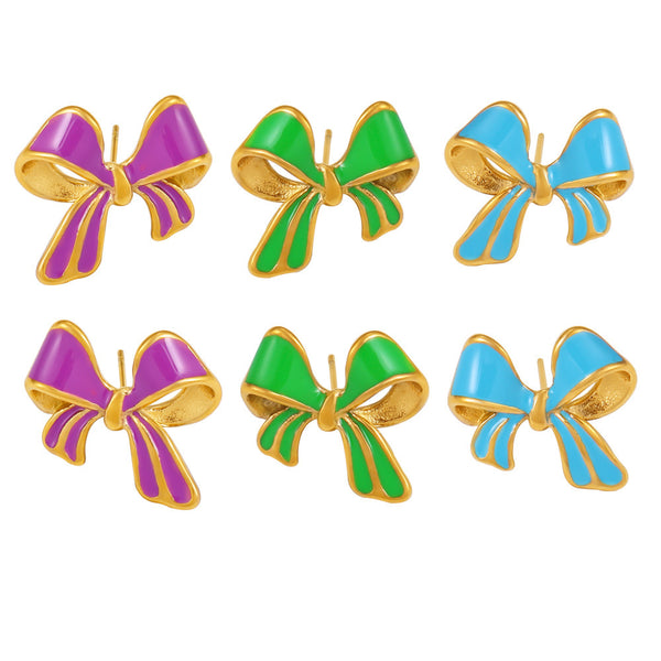Delicate oil drip bow stud earrings light luxury oil painting texture stainless steel sweet earrings spot pp