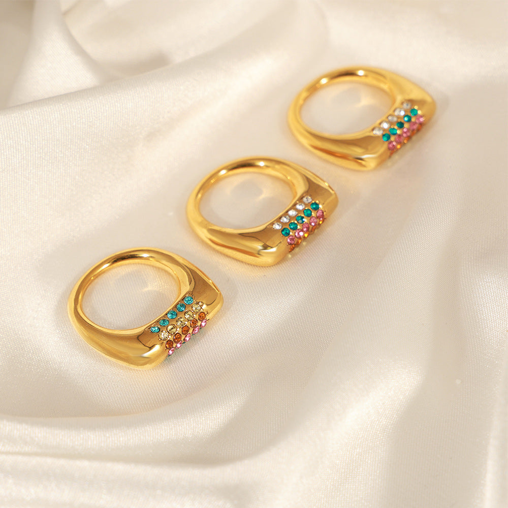 New fashion light luxury niche titanium steel gold-plated with colored diamonds geometric ring ring simple personalized jewelry female pp