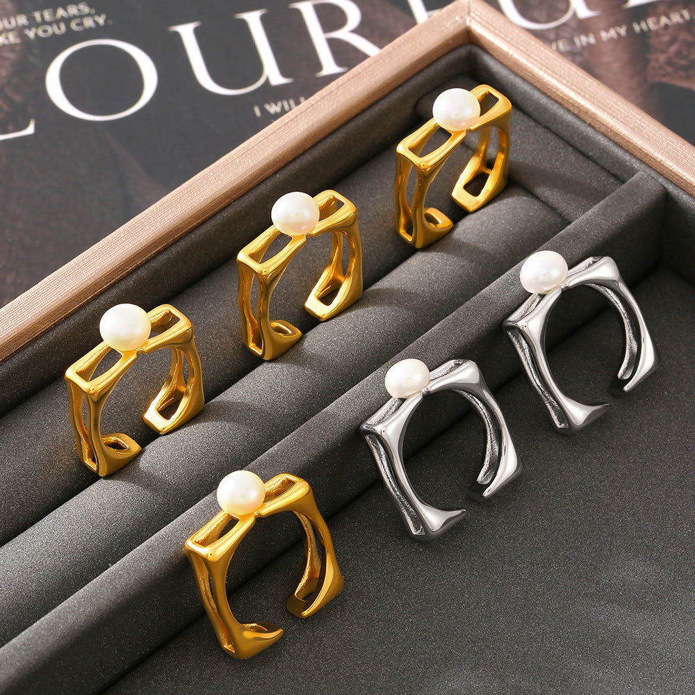 New gold square hollow pearl ring ins style niche open index finger ring stainless steel plated 18k gold 99