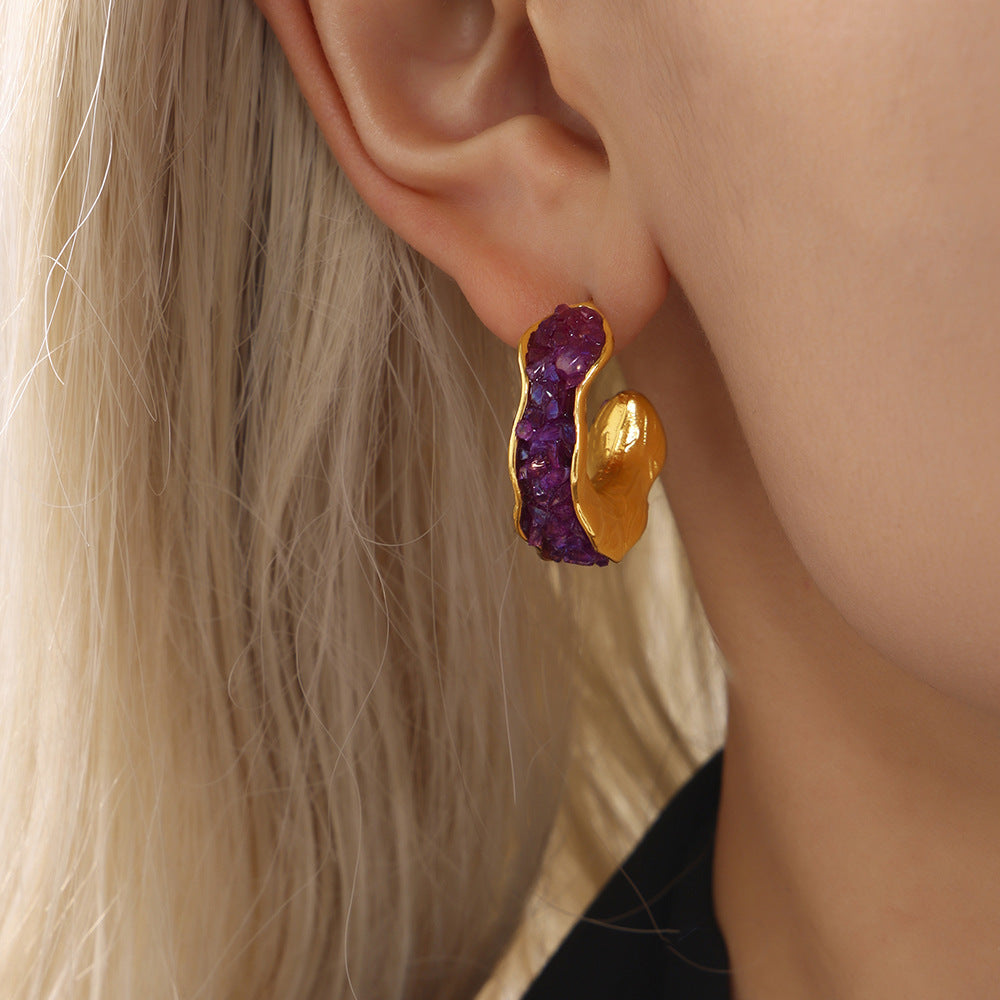 Stainless Steel Crystal Stone C-Type Earrings Sparkling Luxury Temperament PVD Plated Real Gold Earrings