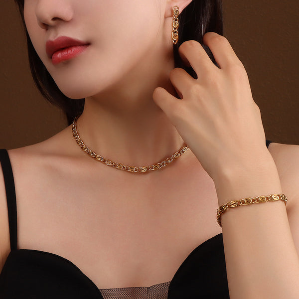Geometric Thick Chain Necklace Trend Bracelet Personalized Fashion Earrings Titanium Steel Gold Plated Jewelry Set