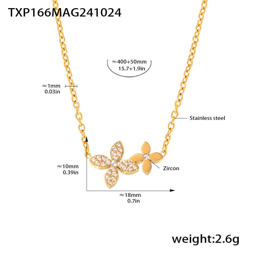 Zircon four-leaf flower double-layer collarbone necklace bracelet women's stainless steel PVD plating set