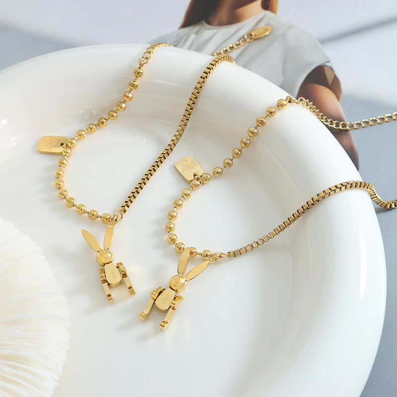 Hot-selling niche personalized mechanical rabbit titanium steel pendant bracelet box chain round bead chain splicing jewelry female pp