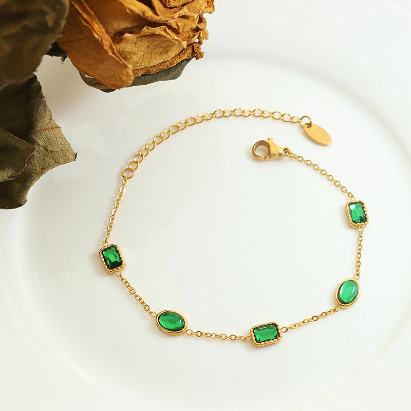 Niche design court style accessories Douyin same jewelry emerald zircon inlaid titanium steel gold-plated bracelet 99