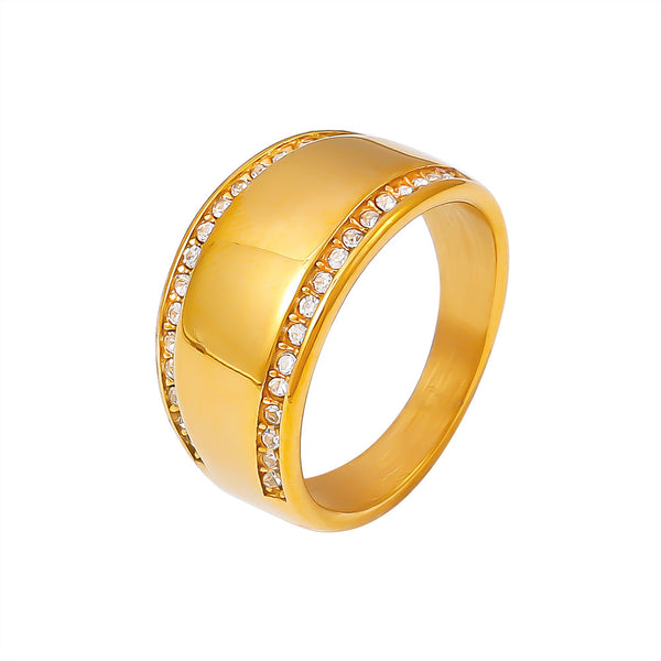 Smooth edged diamond ring simple light luxury titanium steel plated 18k real gold wide version ins wind hand jewelry pp