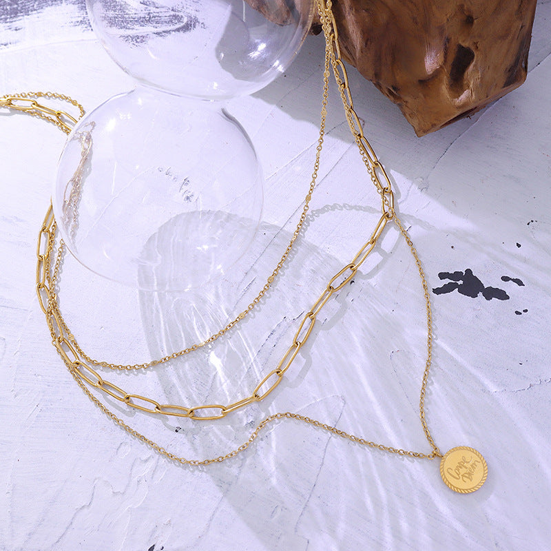 Versatile cold wind English letter round brand pendant necklace cross-border hot-selling titanium steel clavicle chain jewelry