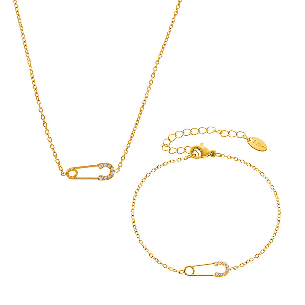 Full Diamond 5A Zircon Pin Stainless Steel Double Necklace/Bracelet Jewelry Set