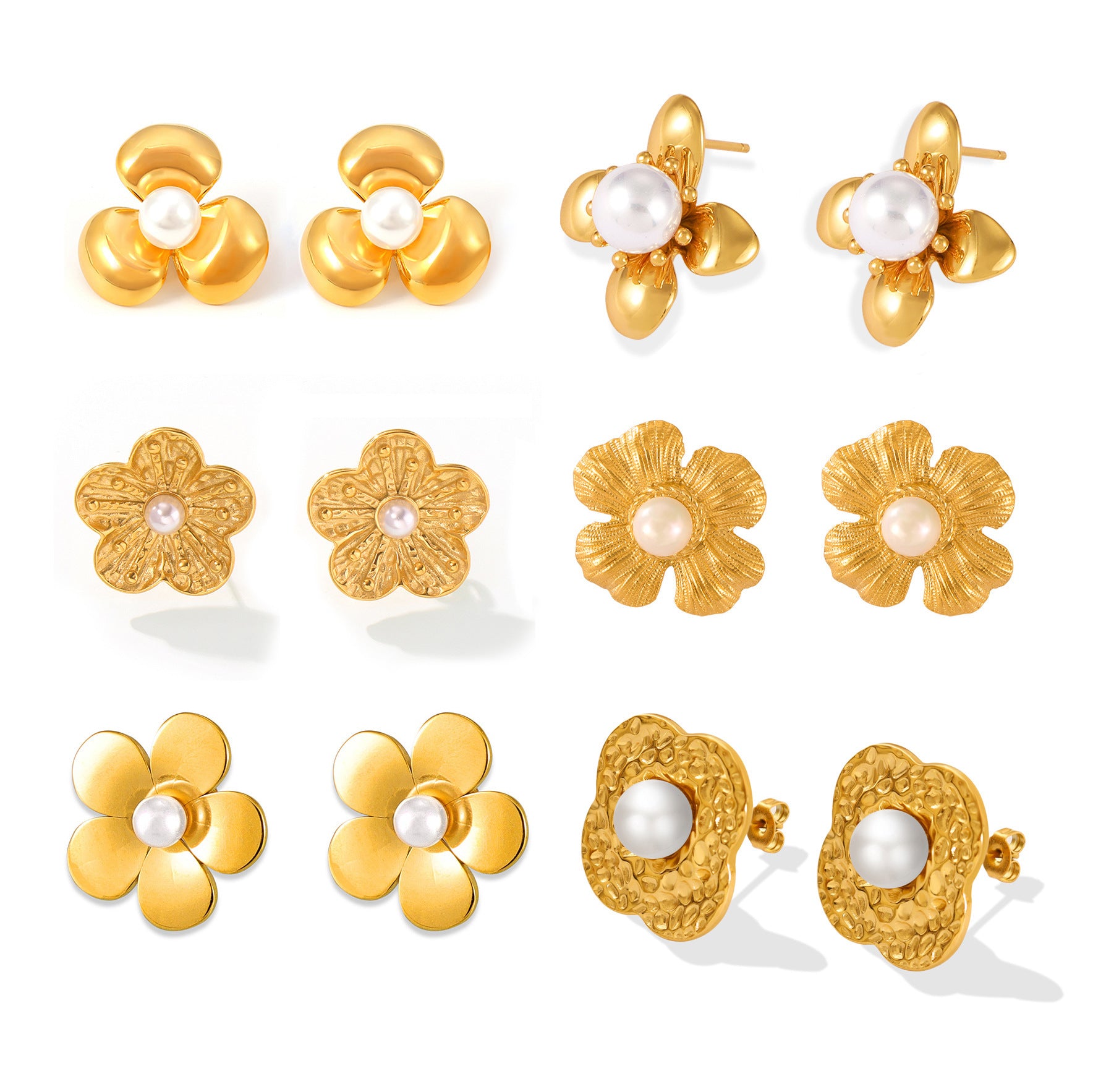 Textured petals flower inlaid bead stud earrings stainless steel electroplated 18K real gold earrings earrings combination