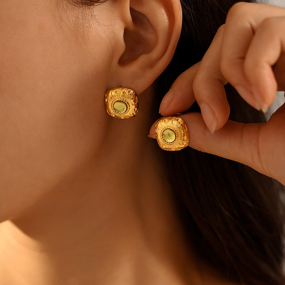 Vintage square threaded green glass earrings, court style open ring set, titanium steel PVD plated 18K real gold.