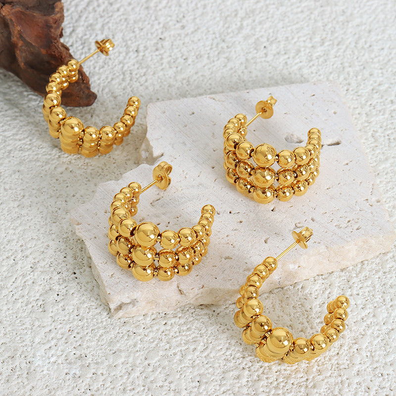 C-shaped semicircular three-layer steel ball splicing niche design metal texture fashionable personalized titanium steel plated K gold earrings