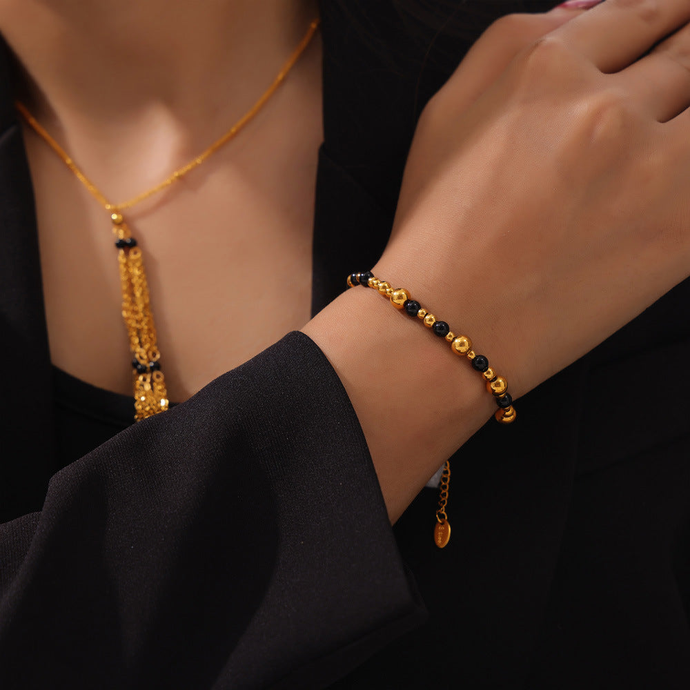 Retro niche personalized jewelry geometric multi-layer chain splicing agate stone beaded design titanium steel jewelry set 99