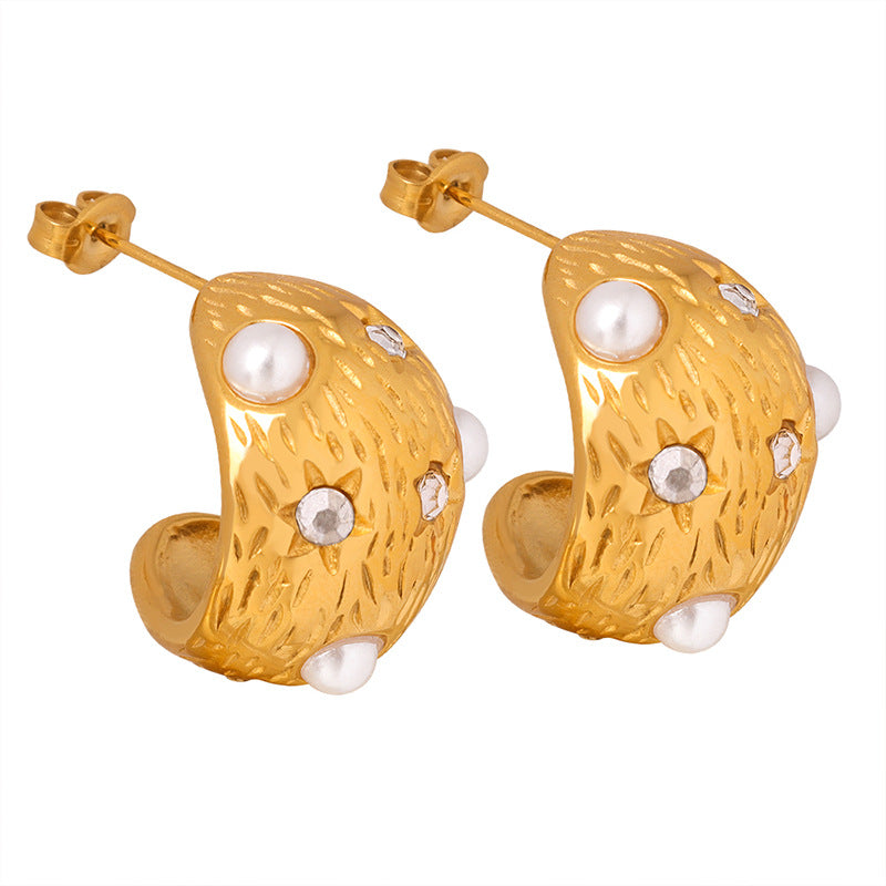 High sense fashion niche design retro temperament titanium steel gold-plated imitation pearl earrings jewelry women