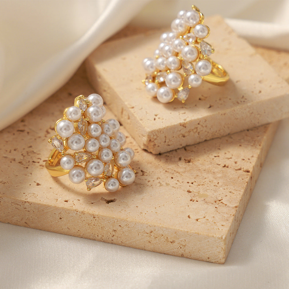 New fashion light luxury copper material irregular design zircon imitation pearl adjustable ring jewelry women
