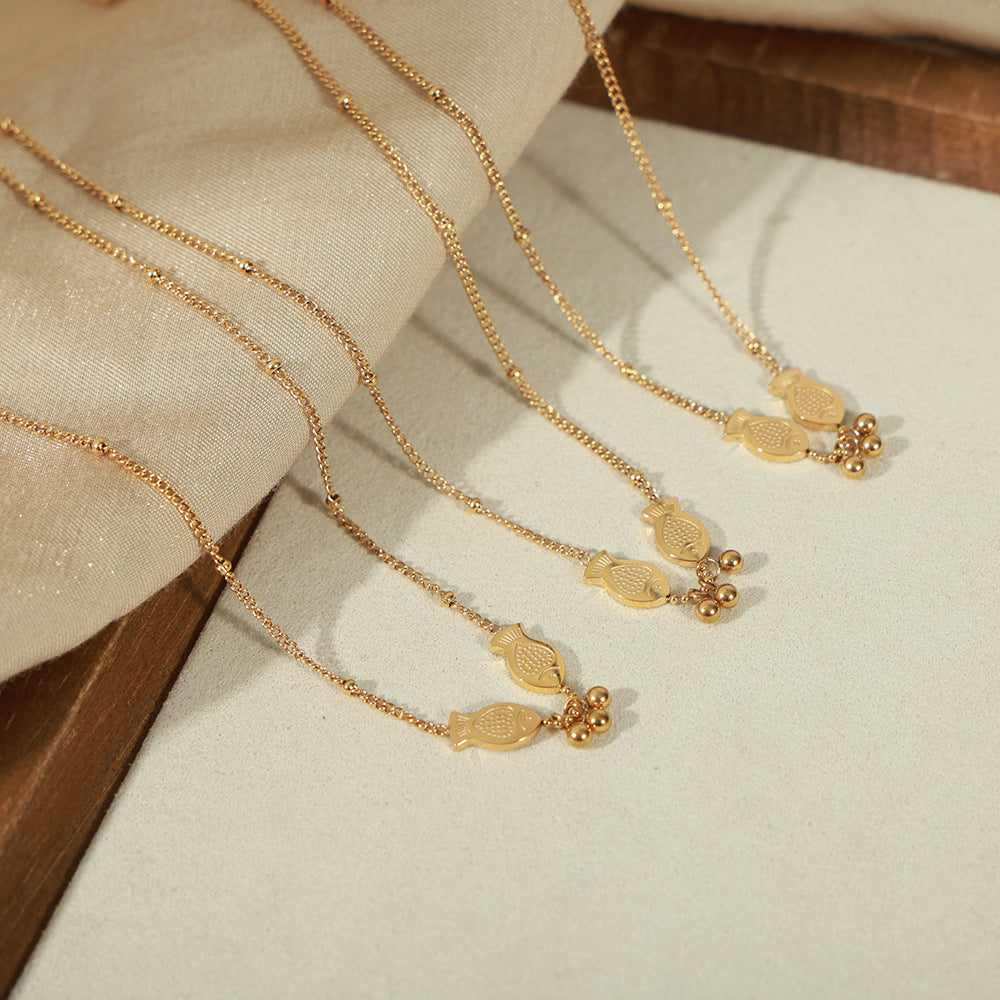 Guochao New Chinese Style Personalized Pisces Play Bead Design Sense Necklace Fashion Versatile Koi Clip Bead Chain Titanium Steel Clavicle Chain