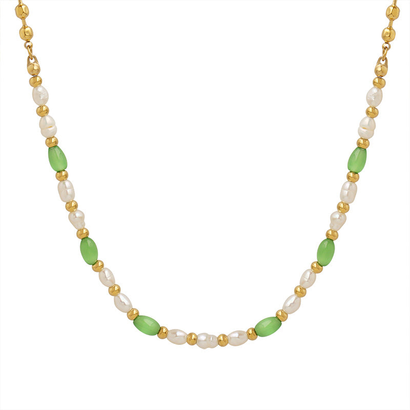 Trendy green opal with freshwater pearl titanium steel beaded necklace girls fashion versatile accessories pp