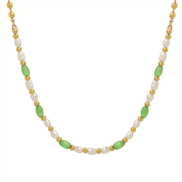 Trendy green opal with freshwater pearl titanium steel beaded necklace girls fashion versatile accessories pp