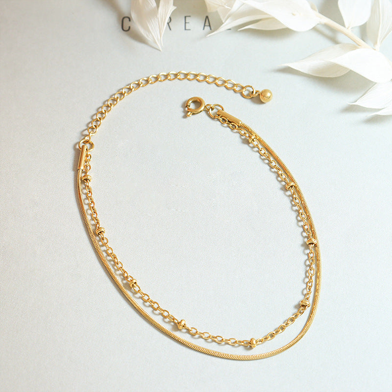 Jewelry Detailed Double-layer Snake Bone Chain Exquisite Bracelet Bag Bead Chain Titanium Steel Plated 18K Gold Jewelry E08599