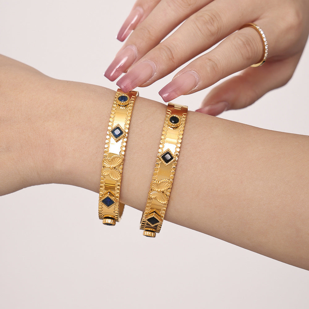 Batch flower butterfly zircon Czech glass stone stainless steel plated 18k gold bracelet high version buckle women's bracelet pp