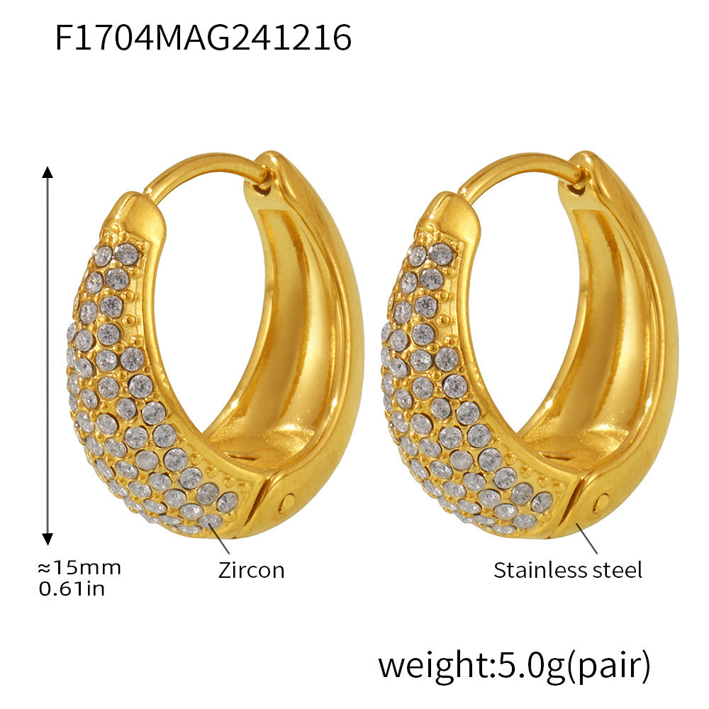 Blue Turquoise Colorful Zircon Circle Earrings Temperament Ear Buckles Commuter Earrings Stainless Steel Electroplated 18K Real Gold