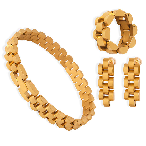 New high-end personalized chain titanium steel gold-plated creative fashion bracelet earrings ring set jewelry women pp
