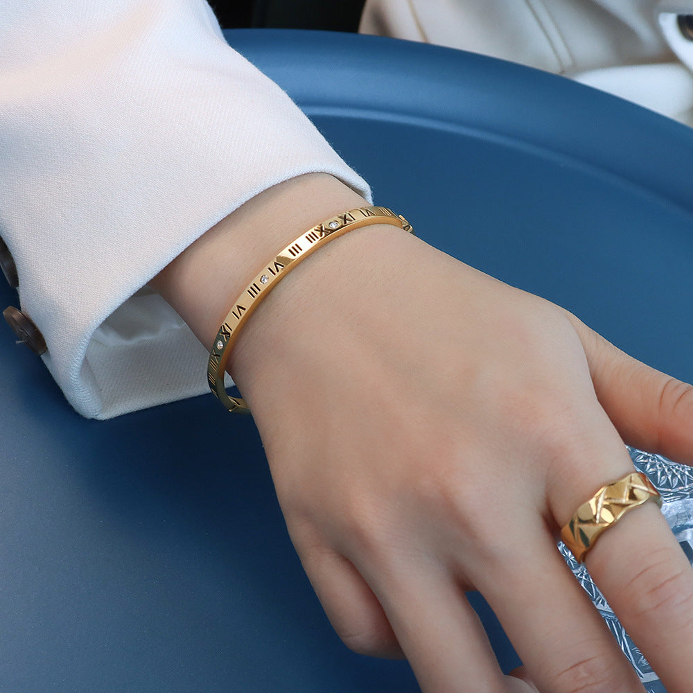 Fashion niche versatile digital diamond-encrusted narrow version bracelet jewelry bracelet titanium steel gold-plated jewelry women