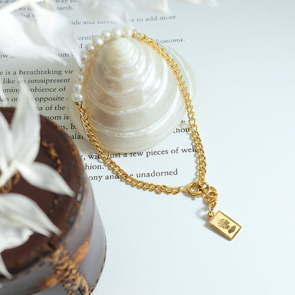 Simple girl girlfriend gift bracelet titanium steel gold-plated chain freshwater pearl beaded retro style does not fade hand jewelry pp