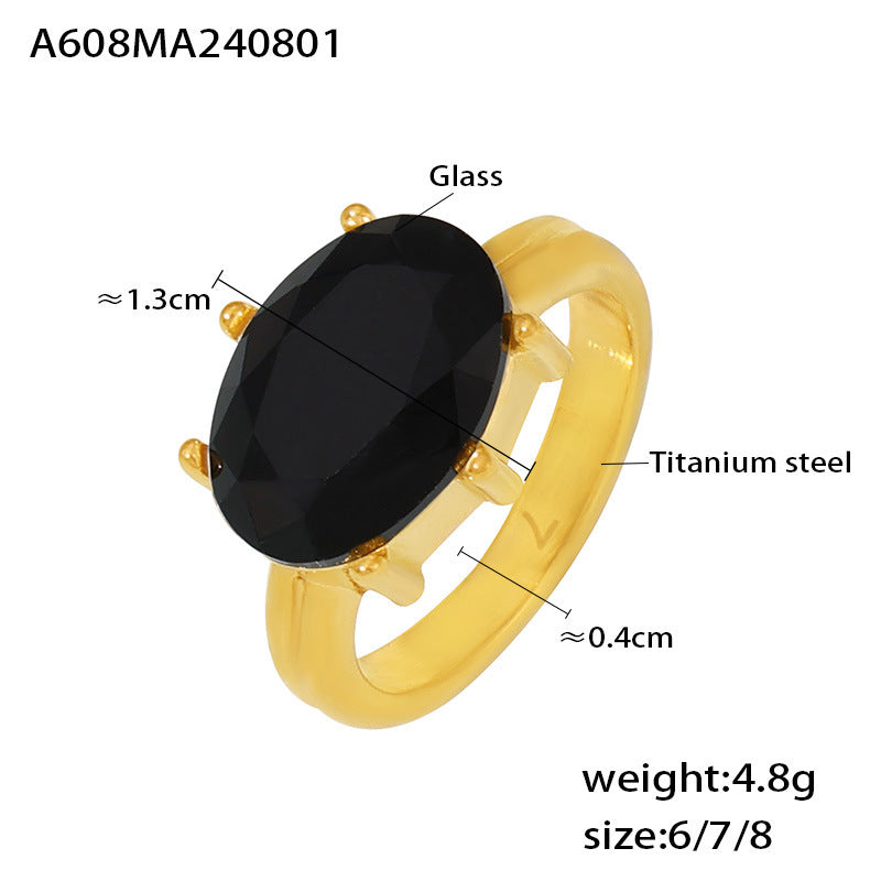 Court style oval glass stone ring luxury temperament titanium steel plated 18k real gold index finger ring jewelry
