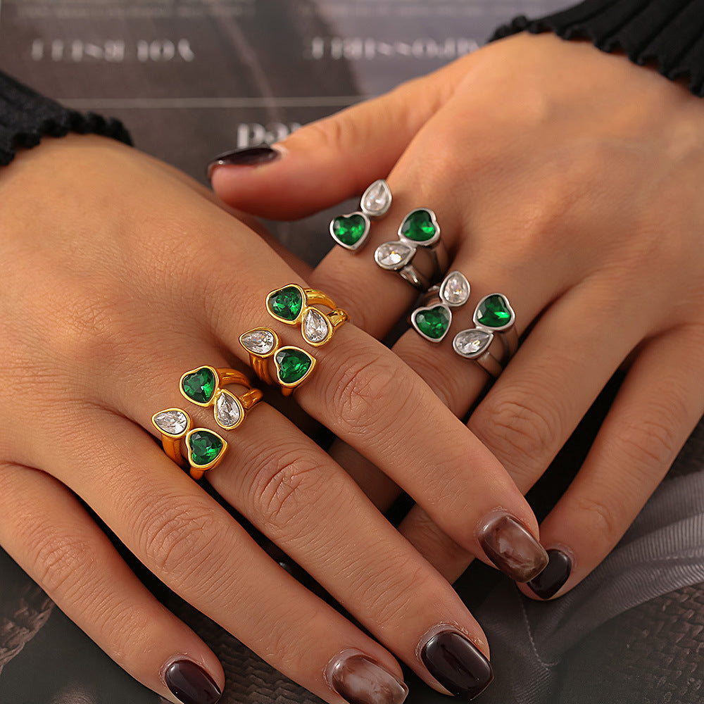 Fashion double-layer love water drop glass stone ring niche design stainless steel open jewelry women