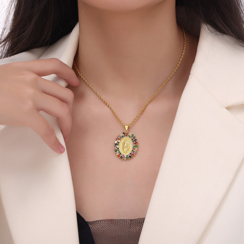 New fashion retro light luxury titanium steel gold-plated Virgin Mary geometric diamond-encrusted pendant necklace jewelry