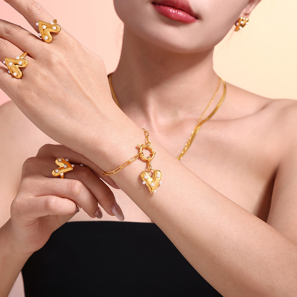 Love Imitation Pearl Jewelry Set Stainless Steel PVD Plated Necklace Earrings Ring Bracelet 99