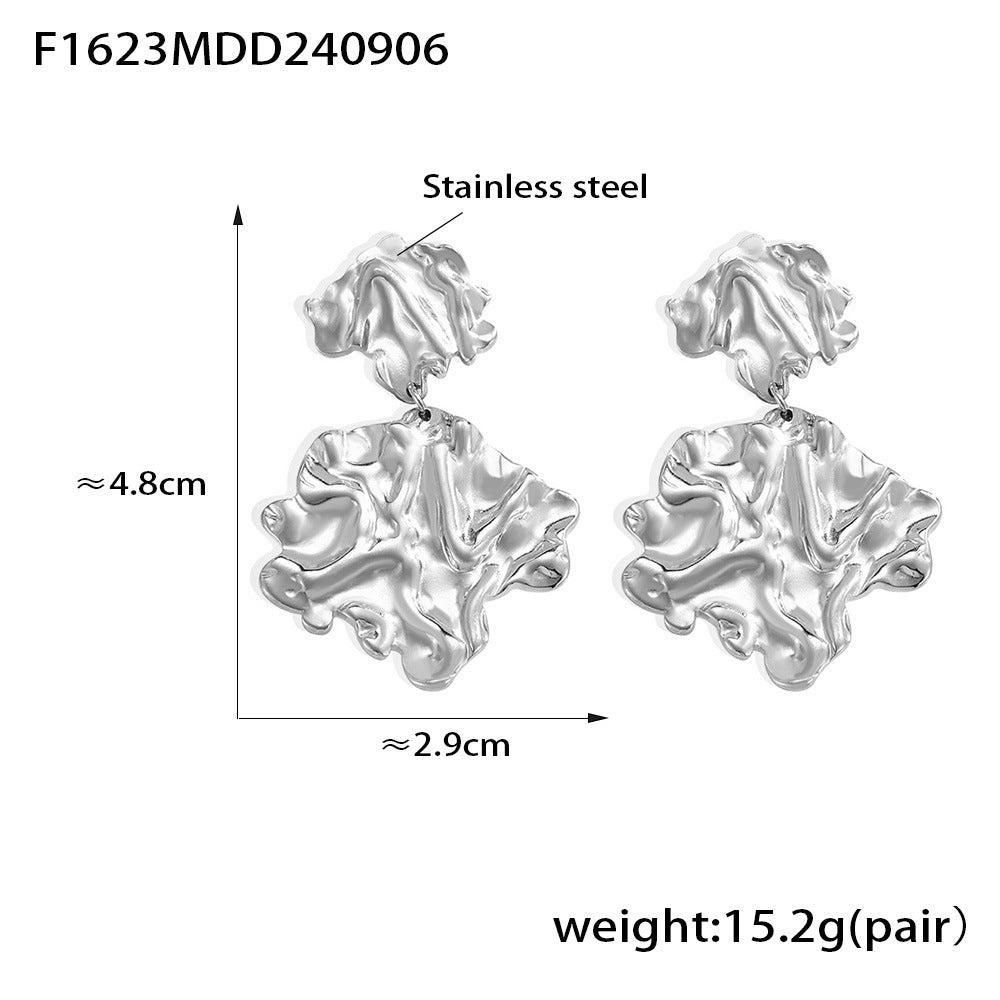 Personalized trend earrings, hammer pleated leaves exaggerated earrings, stainless steel PVD electroplating color-preserving jewelry