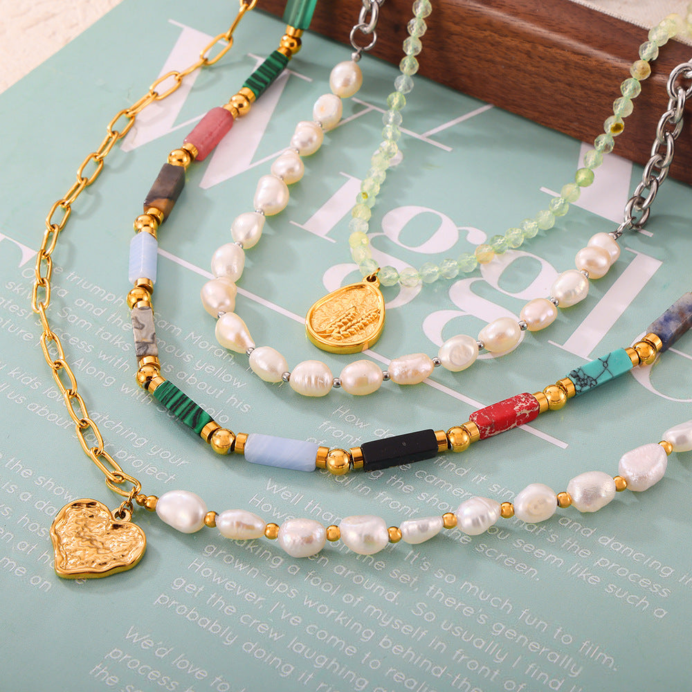 Dopamine Wear Personality Elegant Simple Light Luxury Jewelry Natural Stone Handmade Beaded Design Titanium Steel Necklace