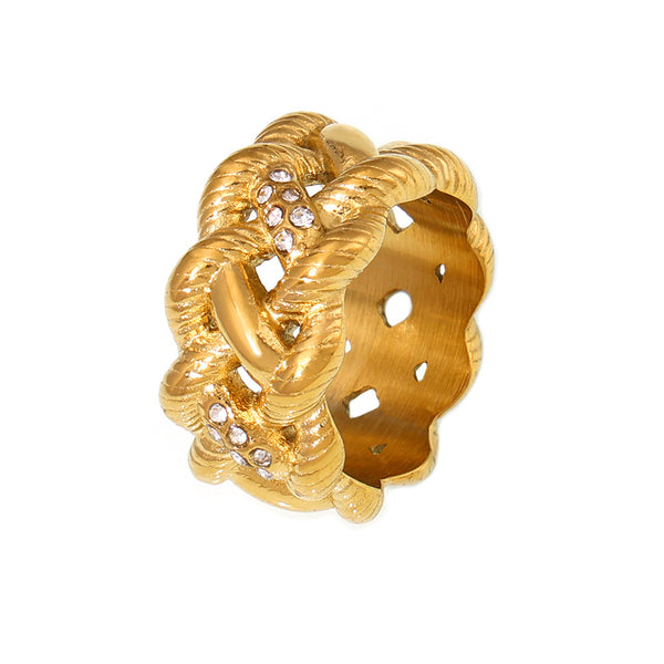 Vintage twisted rope with diamond hollowed out twist ring niche retro design titanium steel plated 18k real gold jewelry