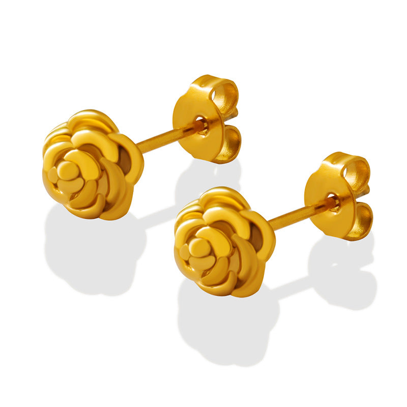Minimalist titanium steel gold-plated rose flower stud earrings, small fragrance, cute and versatile niche design earrings, jewelry, women's 99