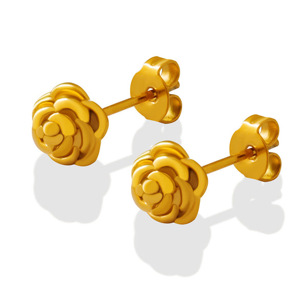Minimalist titanium steel gold-plated rose flower stud earrings, small fragrance, cute and versatile niche design earrings, jewelry, women's 99