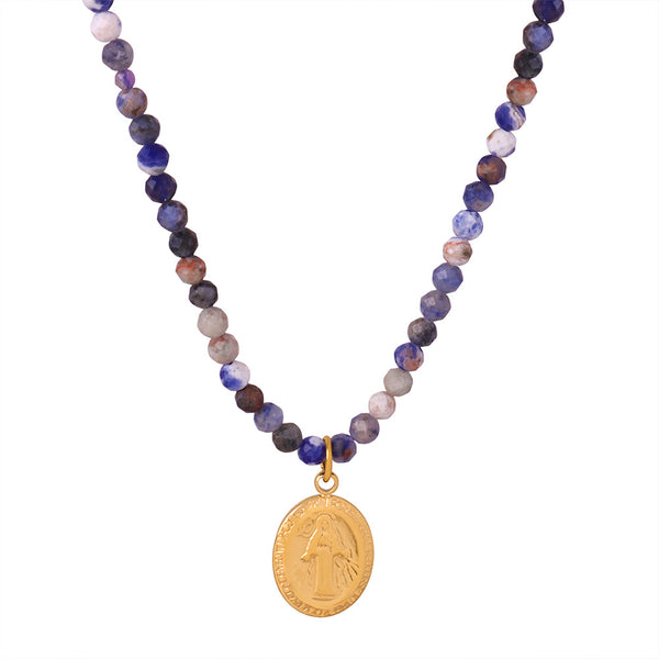 New retro high-end light luxury natural stone handmade beaded necklace titanium steel gold-plated pendant jewelry