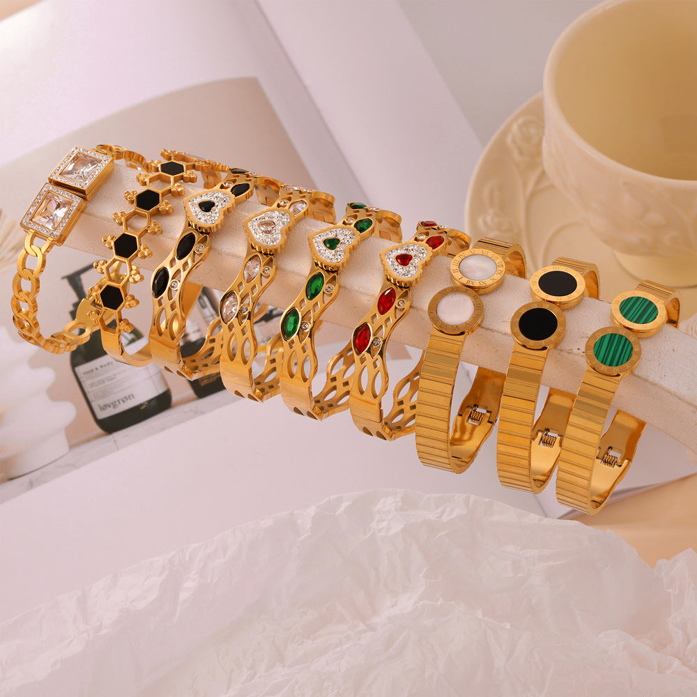 Simple personality niche geometric hollow jewelry texture design sense inlaid diamond design sense titanium steel gold-plated bracelet