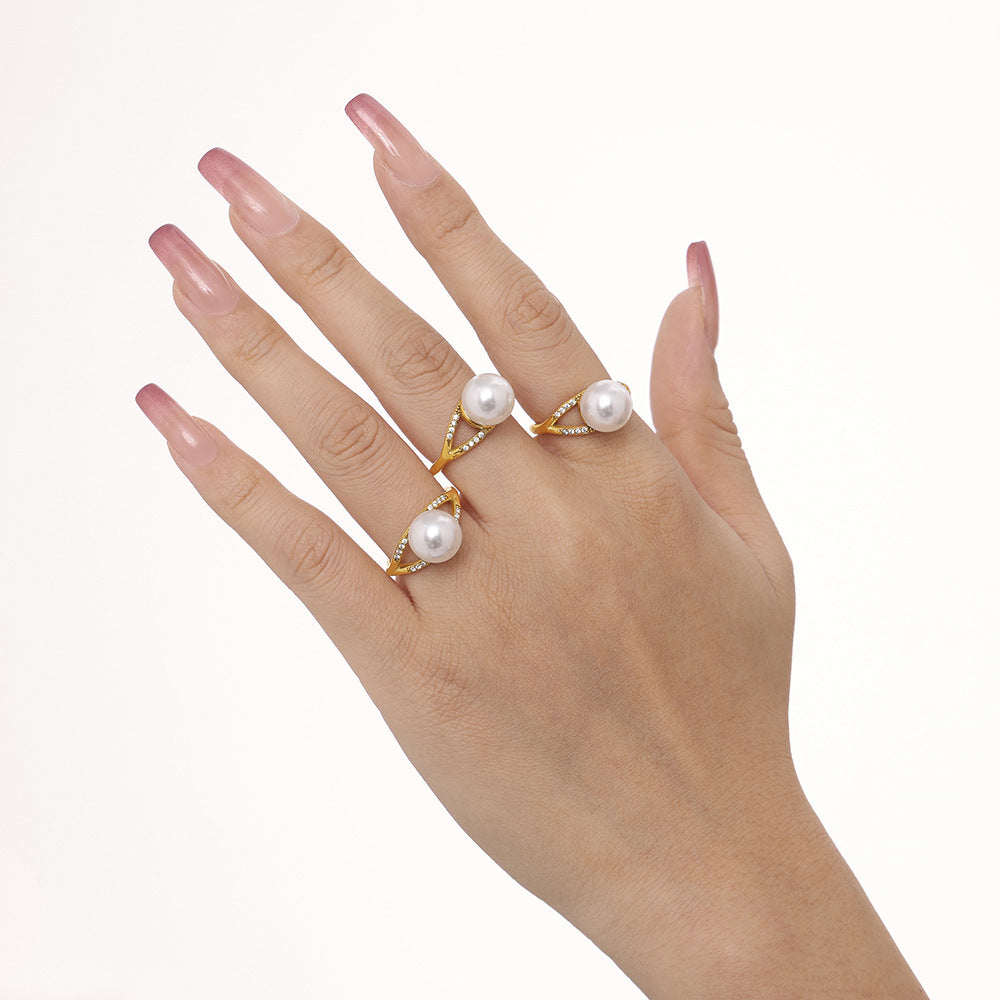 Handmade inlaid zircon imitation pearl ring women's niche side opening high-version texture non-fading jewelry pp