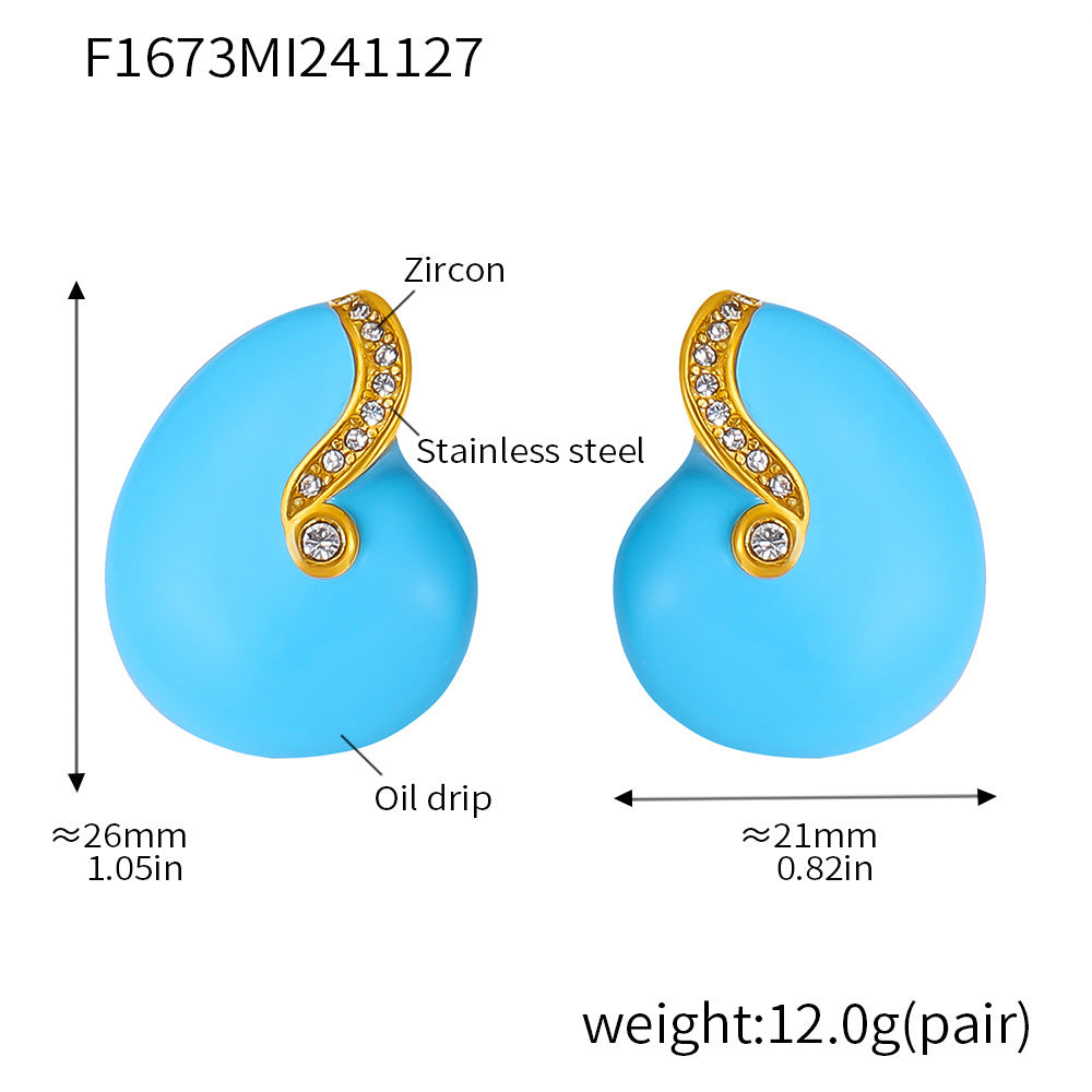 Court stud earrings Conch blue zircon titanium steel PVD gold-plated enamel color glaze simple color-retaining earrings