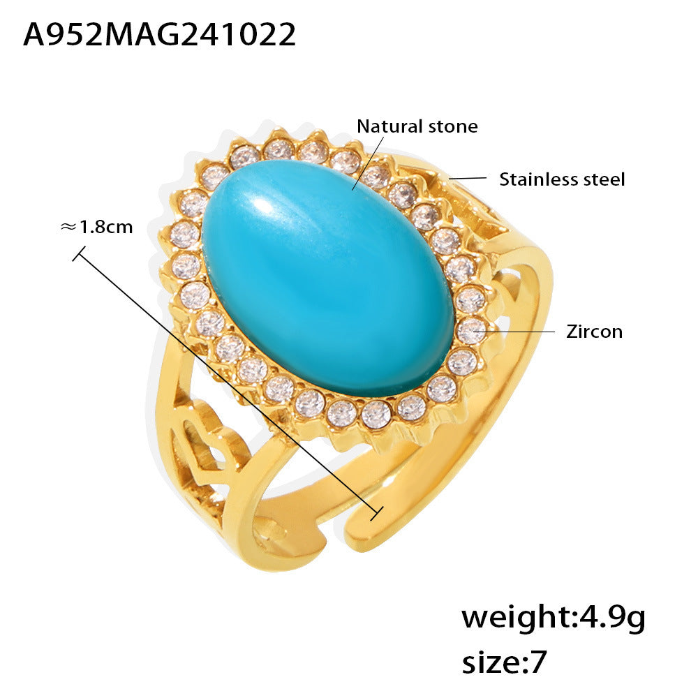 Wave Zircon Oval Natural Stone Open Ring Stainless Steel PVD Plating Adjustable Spot Supply
