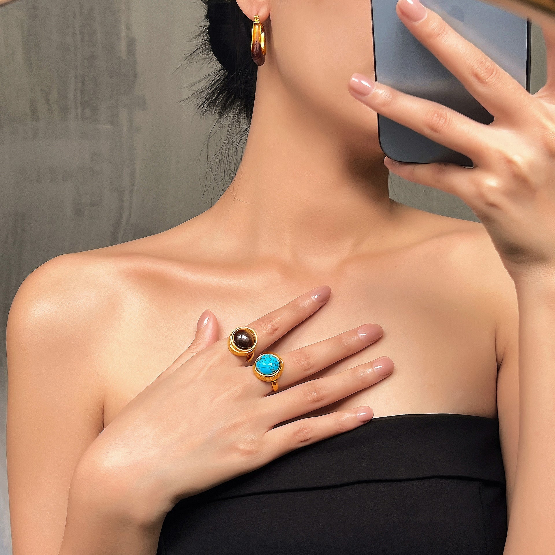Retro personality simple niche texture lace temperament ring inlaid tiger's eye design titanium steel open ring