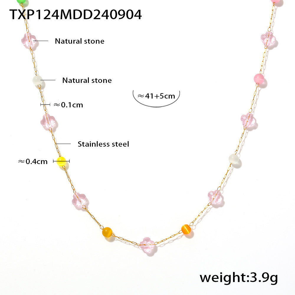 Colorful natural stone collarbone necklace bracelet, stainless steel niche dopamine handmade chain set for women