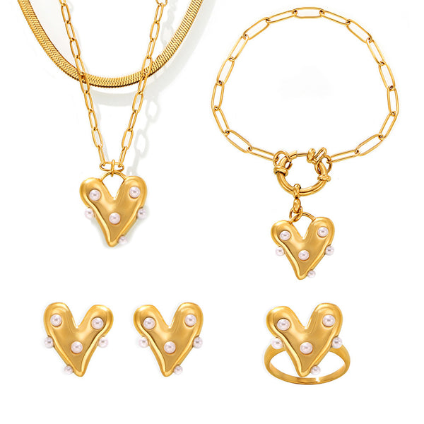 Love Imitation Pearl Jewelry Set Stainless Steel PVD Plated Necklace Earrings Ring Bracelet 99
