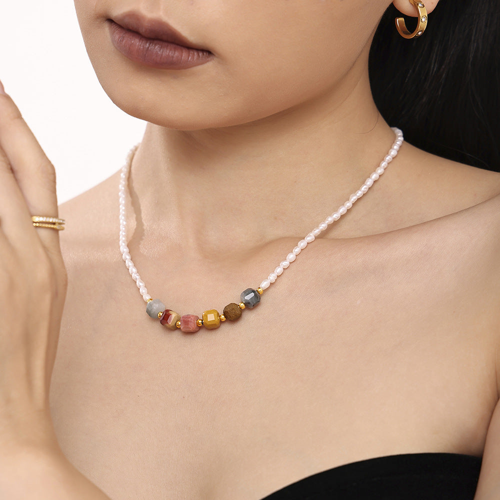 Freshwater pearl natural stone handmade beaded necklace light luxury elegant girl stainless steel neck chain jewelry spot