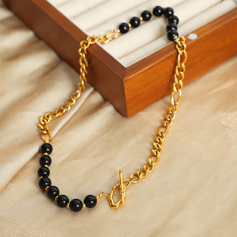 New retro light luxury fashion titanium steel gold-plated niche design versatile black agate AB chain necklace jewelry women